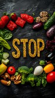 Fresh vegetables and fruits arranged around "STOP" text made from seeds on dark slate background, promoting healthy eating and food choices.