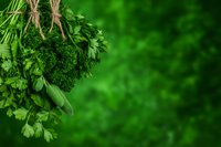 Fresh green vegetables and herbs bunched together with twine against blurred natural background. Organic produce concept for healthy eating and cooking.