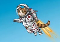 Cat astronaut in spacesuit with jetpack flying through space on blue background, isolated design element for children's merchandise and educational materials.