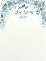 New Year 2024 greeting card with watercolor eucalyptus, pine branches, and deer silhouette on cream background. Isolated design for invitations and celebrations.
