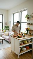 Young Caucasian man cooking fresh vegetables at a wooden kitchen island in a bright, cozy open-plan apartment with plants and natural light.