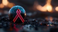 Pink awareness ribbon on dark reflective sphere against blurred bokeh background, symbolic support for breast cancer awareness campaign and healthcare advocacy.