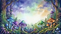 Enchanted forest clearing with oversized mushrooms, glowing flora, and magical woodland atmosphere with vibrant purple, blue, and golden light effects for fantasy and children's book illustrations.