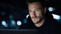 Handsome young Caucasian man with beard in black hoodie at night with city lights bokeh background for lifestyle and urban fashion concepts.