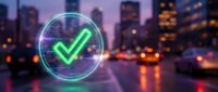 Glowing neon green checkmark in a circular digital interface over a blurred city street at dusk, symbolizing approval and success.