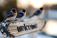 Three small bluebirds perched on rustic wooden welcome sign during sunset, creating peaceful outdoor nature scene with soft bokeh background.