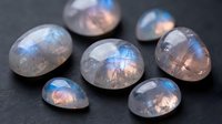 Rainbow moonstone gemstones with blue flash adularescence effect on dark background for jewelry making and crystal healing practices.