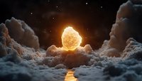Glowing sphere floating above dramatic clouds at night with starry sky and moon reflection on water surface creating mystical atmospheric scene.