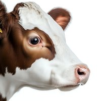 Close-up portrait of young brown and white dairy calf head against white background, showing distinctive markings and gentle expression, isolated for commercial use.
