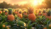 Fresh pineapples growing in tropical plantation field at golden sunset, green leaves and ripe fruits in warm evening light creating magical atmosphere.