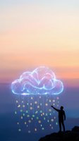 Silhouette of male entrepreneur reaching toward glowing neon cloud with cascading financial symbols, dollar signs, and cryptocurrency icons against sunset sky. Concept for cloud computing, fintech, digital investment.