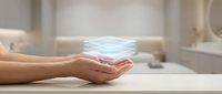 Modern bathroom interior with cupped hands holding flowing water stream above marble countertop showcasing hygiene and wellness concept for spa design.