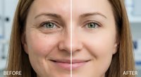 Middle-aged Caucasian woman showing dramatic skincare transformation with wrinkle reduction and skin rejuvenation before after comparison split screen.
