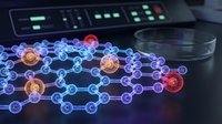 Molecular structure hologram with glowing atoms and bonds displayed above laboratory equipment. Scientific research visualization for chemistry education.