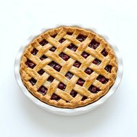 Homemade berry pie with golden lattice crust and red fruit filling in white ceramic dish, isolated on white background for baking and dessert design use.