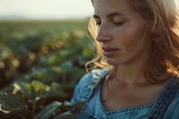 Young Caucasian woman in denim overalls with closed eyes enjoying peaceful moment in garden during golden hour sunset, soft natural lighting creates serene atmosphere.