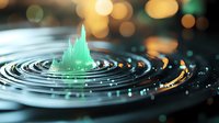 Liquid drop impact creating concentric ripples on water surface with green splash crown and golden bokeh lights in dark background. Macro photography.