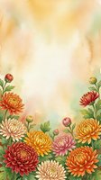 Watercolor chrysanthemum floral border with warm golden background, colorful autumn blooms in red, orange, pink and cream tones.
