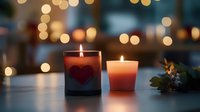 Romantic glowing candles with heart decoration against blurred bokeh lights background create cozy atmosphere for Valentine's day or date night celebration.