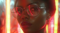 Young Asian woman in round glasses illuminated by vibrant neon lights creating atmospheric cyberpunk mood, close up portrait with red and yellow glow reflecting on skin and lenses.