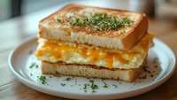 Grilled cheese sandwich with fried egg and melted cheddar on toasted white bread, garnished with fresh herbs and black pepper, served on white plate.