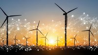 Wind turbines at sunset with digital network connections representing smart grid technology and renewable energy innovation for sustainable power generation.