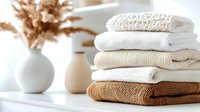 Stack of folded cozy knitted sweaters and blankets in neutral beige and white colors with dried pampas grass decoration, modern minimalist home styling.