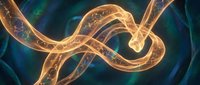 Golden DNA double helix structure with glowing effects on dark blue background for medical research, biotechnology and genetic science concepts.