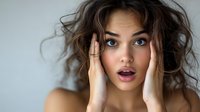 Young woman with messy brunette curly hair and bright makeup expressing shock and surprise with hands on face against light background. Emotional portrait.