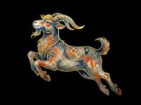 Ornate leaping goat with colorful floral patterns and gold details, isolated on transparent background. Great for stickers, t-shirt design, print on demand, sublimation.
