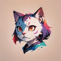 Artistic portrait of cat with vibrant blue and pink fur, orange eyes, and turquoise collar against neutral background, stylized in modern anime aesthetic.