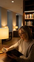 Middle-aged Caucasian woman with glasses reading book in cozy modern library with warm lighting and bookshelves for relaxation and learning concepts.