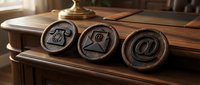 Wooden desk with three bronze metallic stamps featuring telephone, envelope, and at symbol icons for communication and contact concepts.