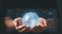 Hands holding glowing digital sphere with brain circuit pattern, representing artificial intelligence, technology innovation, and futuristic data processing for tech solutions.