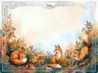 Watercolor foxes surrounded by autumn leaves, berries, and foliage in an ornate frame with copy space for greeting cards.