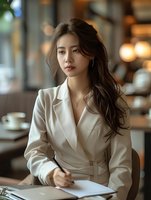 Young Asian businesswoman in elegant white blazer working at cafe. Professional portrait with soft bokeh background perfect for business, lifestyle, and corporate marketing materials.