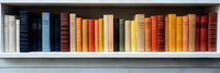 Row of vintage hardcover books arranged by color on white wooden shelf, creating rainbow spectrum from dark blue through red to yellow. Library organization concept.