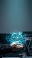 Caucasian male hand holding glowing digital globe with network connections and data visualization icons, representing global technology, artificial intelligence, and digital transformation for business and innovation concepts.