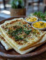 Crispy garlic naan bread served on wooden plate with yellow curry dipping sauces, garnished with fresh herbs and spices, close-up food photography.