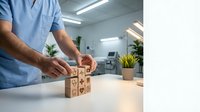 Healthcare professional arranging wooden blocks with medical icons in modern clinic office environment for patient care planning and organization.