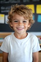 Cheerful young boy with curly blonde hair wearing white t-shirt smiling brightly in classroom setting with colorful blurred background. Natural lighting portrait.