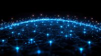 Global network connections with glowing blue nodes and linking lines forming curved horizon, digital technology concept for worldwide communications.