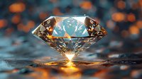 Brilliant cut diamond with golden light glowing from beneath on reflective dark surface against blurred orange bokeh background creates magical atmosphere.