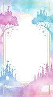 Watercolor fairy tale frame with castles, trees and stars in pink and blue gradient colors. Fantasy border template for invitations and greeting cards.