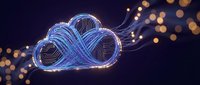 Glowing neon infinity symbol shaped as cloud with flowing light trails and bokeh particles on dark background, representing endless data, cloud computing, and digital transformation concepts.
