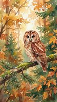 Watercolor tawny owl perched on evergreen branch in autumn forest with golden sunlight filtering through colorful fall foliage for nature art projects.