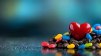 Red heart shape on colorful candy and coffee beans against dark blurred background with copy space, romantic food concept for Valentine's Day celebration.