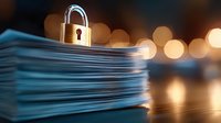 Brass padlock on stack of documents with blurred bokeh lights background symbolizing data protection and information security in business concept.