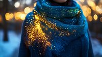 Magical glowing sparkles on cozy blue knitted scarf against blurred bokeh lights background in winter evening, creating festive holiday atmosphere.