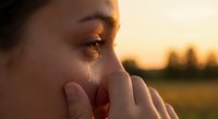 Young woman crying with golden tears at sunset, emotional portrait showing sadness and vulnerability in warm natural light for mental health concepts.